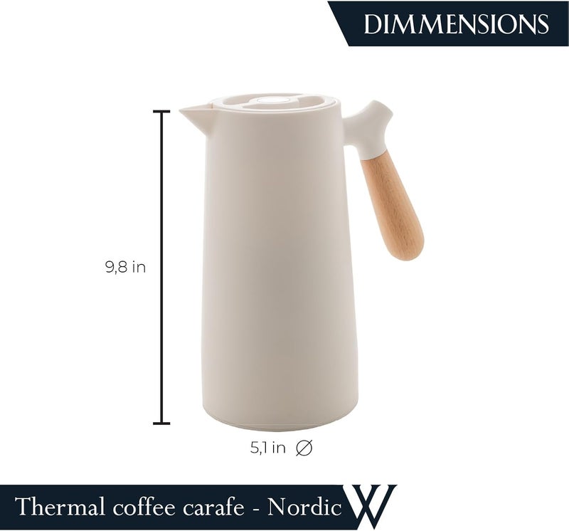 WLFF - White Thermal Coffee Carafe – 34oz / 1L Insulated Carafe - Food-Safe Plastic Exterior and Glass Liner, Wood-Style Handle – Keeps Drinks Hot or Cold, Leakproof Coffee and Tea Dispenser - Image 4